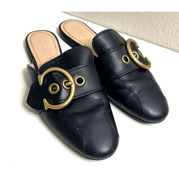 Coach Size 6.5 B Mule Flats Black Leather C Buckle Shoes G4833 Womens Slip On - Picture 1 of 16
